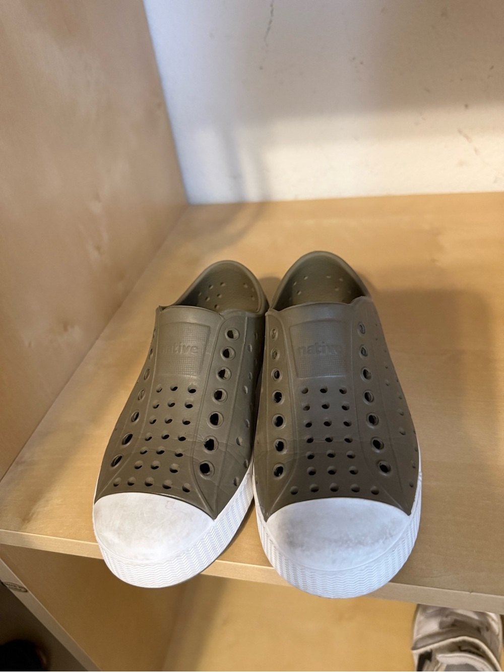 Native Olive Green Slip-On Shoes with White Toe Cap